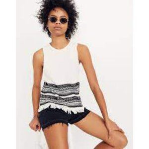 Women's White and Black Fringe Hem Top